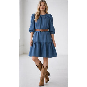 Women's Blue Denim Chambray Tiered Midi Dress L